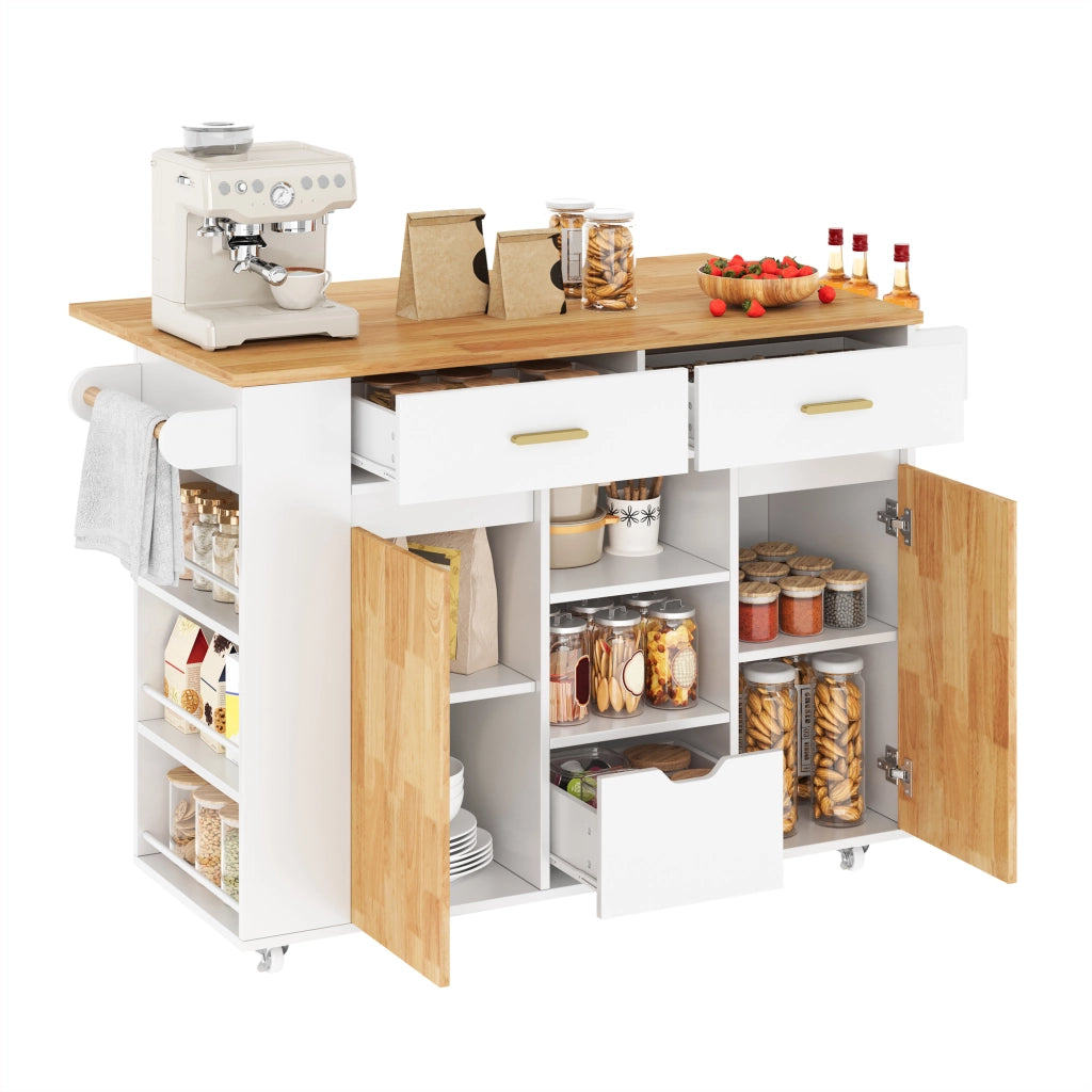 Isola da cucina mobile con piano ribaltabile; 3 cassetti e portaspezie a 3 livelli; bianco; 120x45(71)x90 cm