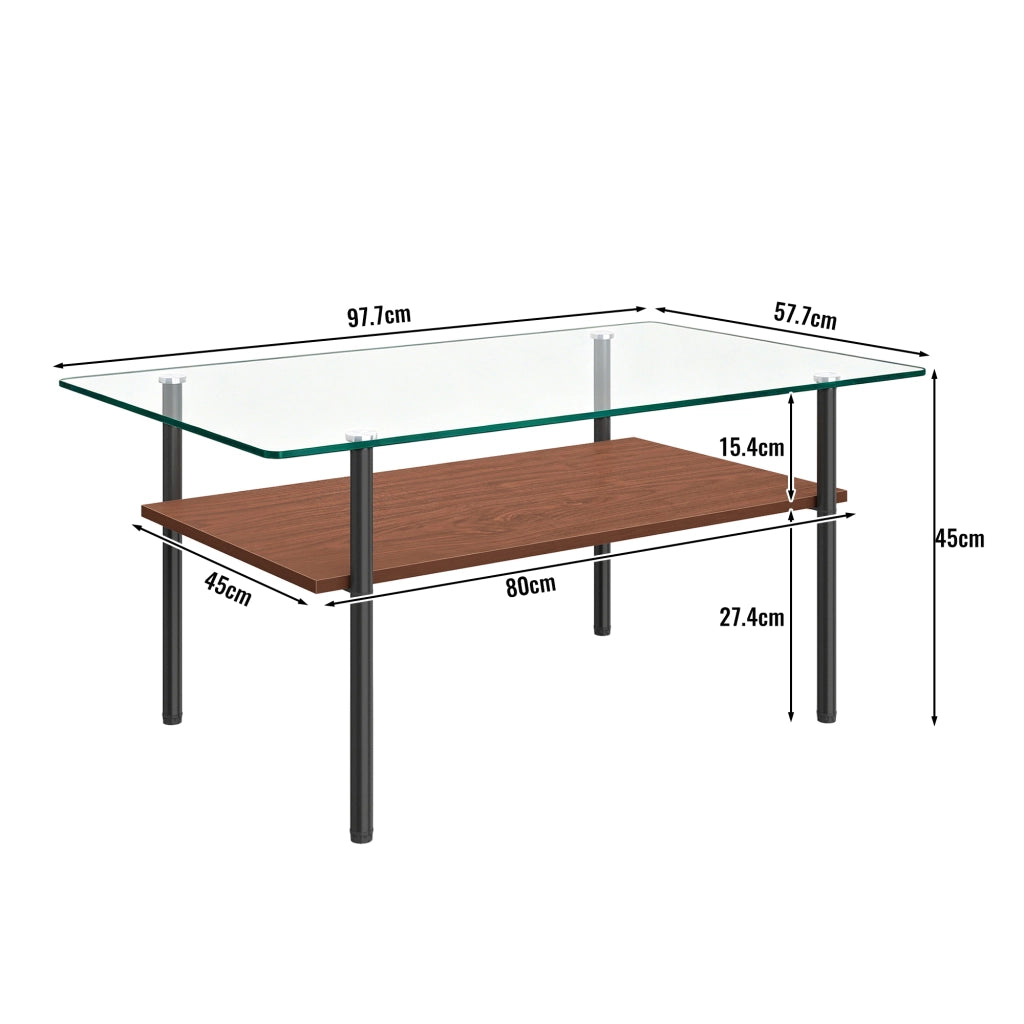 Tavolino basso fisso con piano in vetro temperato e ripiano in MDF effetto legno; struttura in metallo nero e marrone