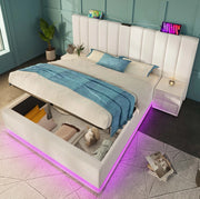 Letto 180x200 cm con contenitore, LED, USB e USB-C in PU bianco con materasso