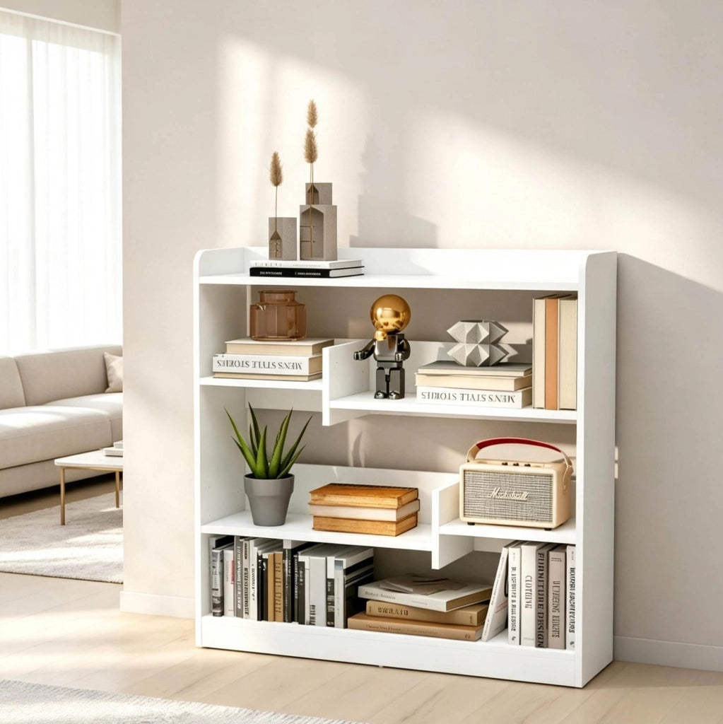 Libreria bianca in truciolare E1, 90x24x91 cm, con 4 ripiani regolabili