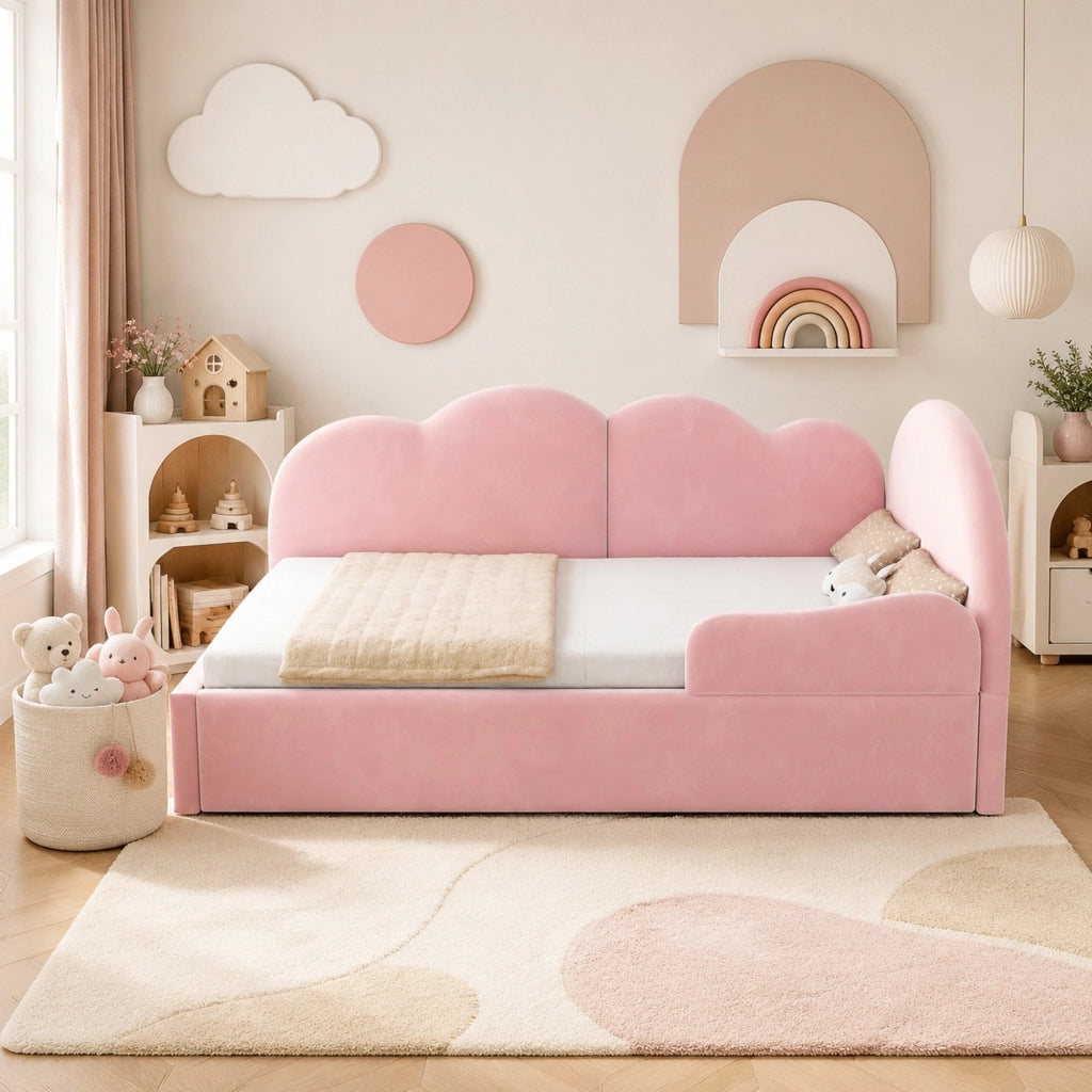 Divano letto a L imbottito rosa 90 x 200 cm con letto estraibile e testiera a nuvola