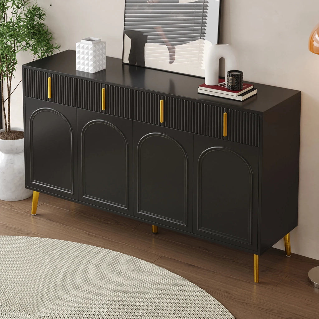 Sideboard 140x38x82 cm, 4 ante, 4 cassetti, gambe e maniglie oro, ripiano in laminato rimovibile, per soggiorno e sala da pranzo