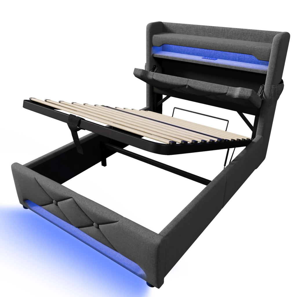 Letto singolo 90x200 cm con LED 360°; testiera con USB e Type-C; vano contenitore; grigio