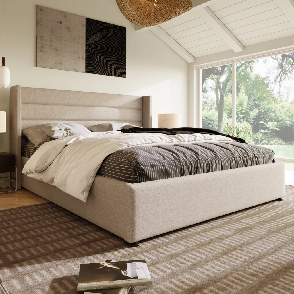 Letto contenitore 160 × 200 cm con rete idraulica sollevabile testiera imbottita rivestito in lino beige
