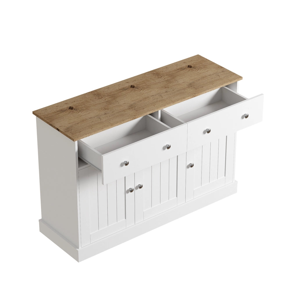 Credenza bianca e legno con texture incisa, 120x36x80,5 cm, 3 ante e 2 cassetti