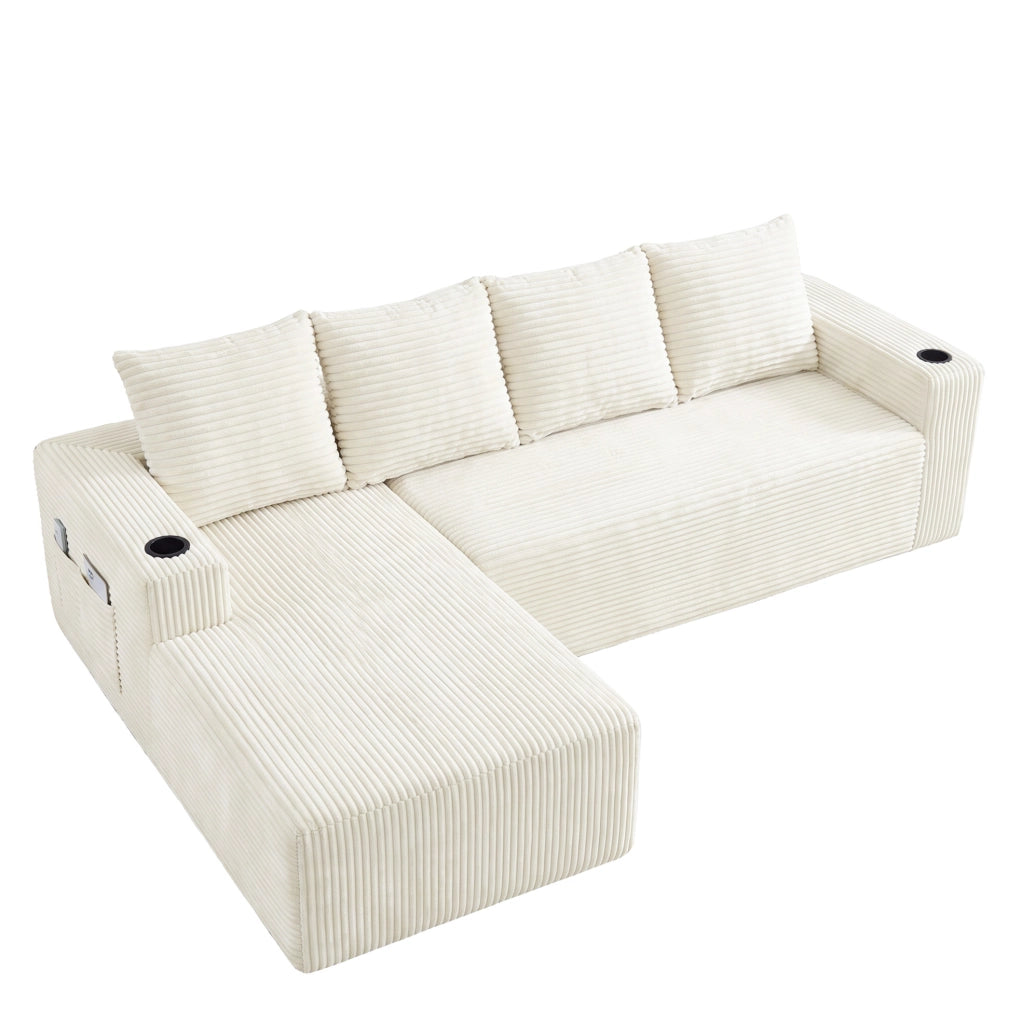 Divano modulare a L con chaise longue reversibile e portabicchieri in velluto a coste beige