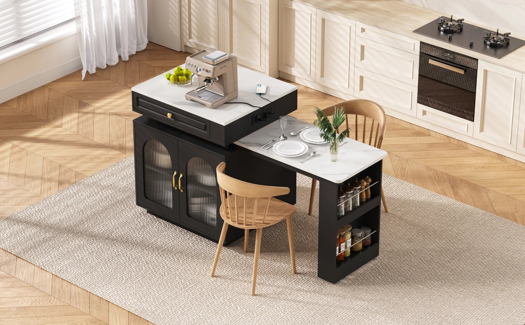 Tavolo allungabile con mobile contenitore LED e ricarica USB Type-C in MDF nero 128~200 × 71 × 92 cm