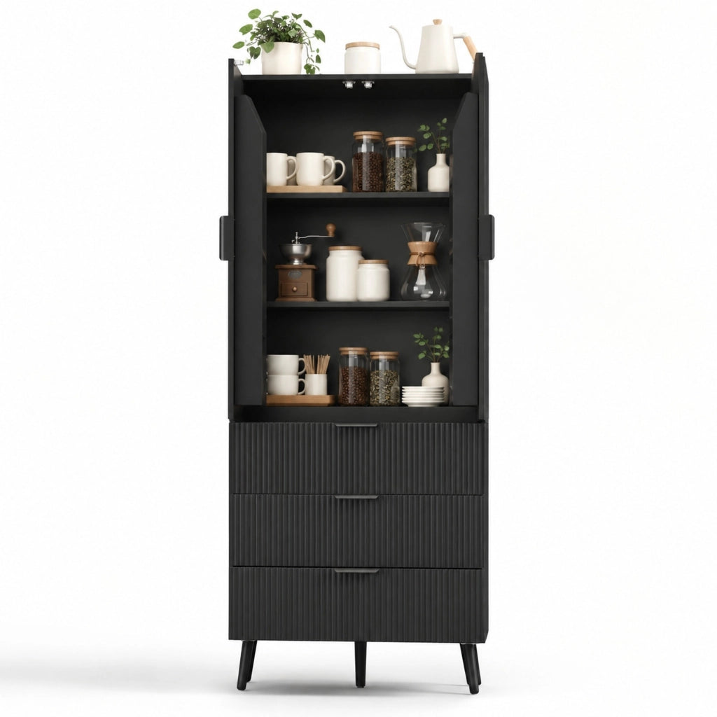 Mobile alto ULEVR 75x35x180 cm con 2 ante, 3 cassetti e ripiani regolabili, MDF nero