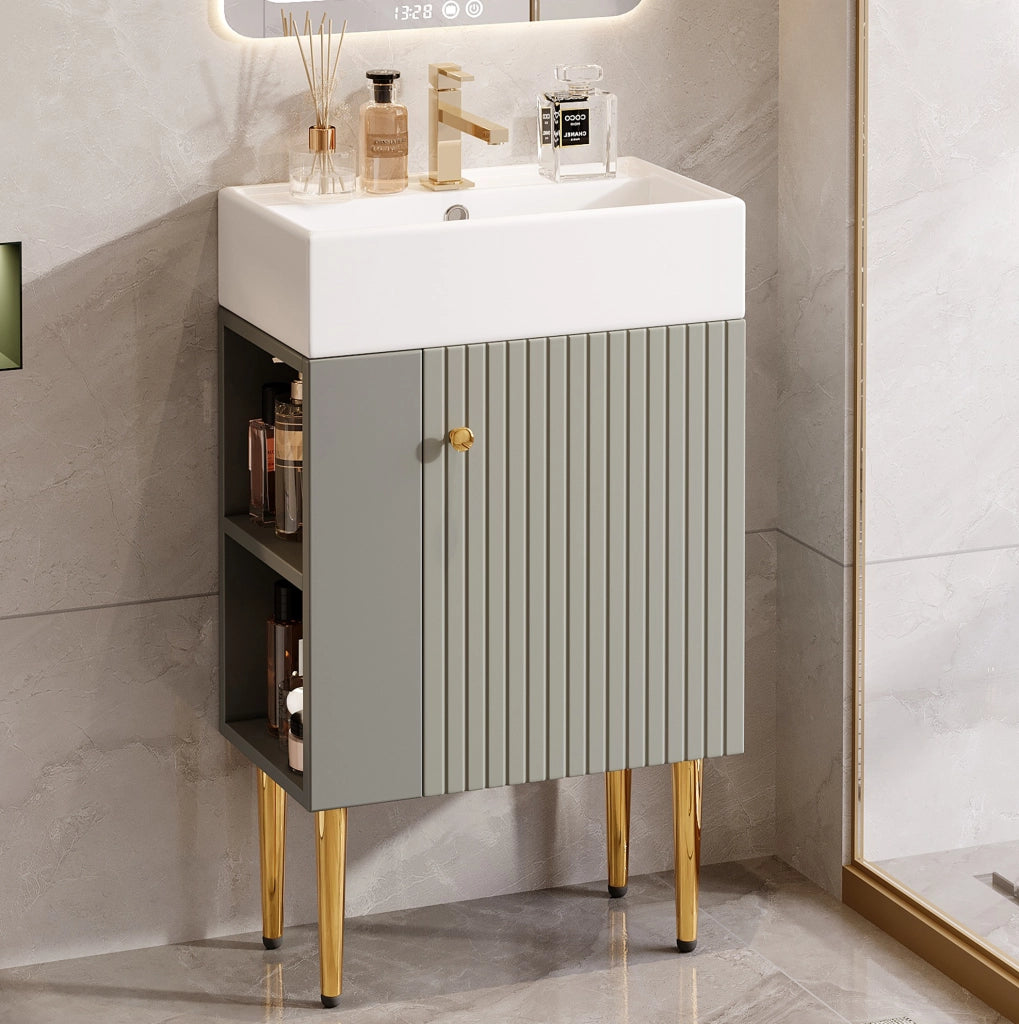 Mobile bagno compatto con lavabo in ceramica lucida e mobile sottolavabo grigio chiaro 55 cm