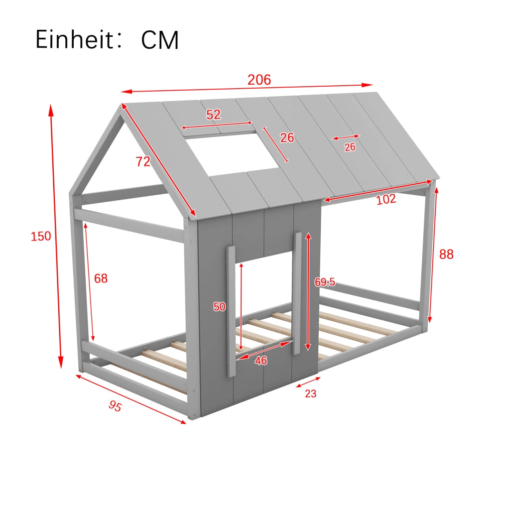 Letto per bambini a forma di casa 90 × 200 cm in pino e MDF grigio con tetto e finestra