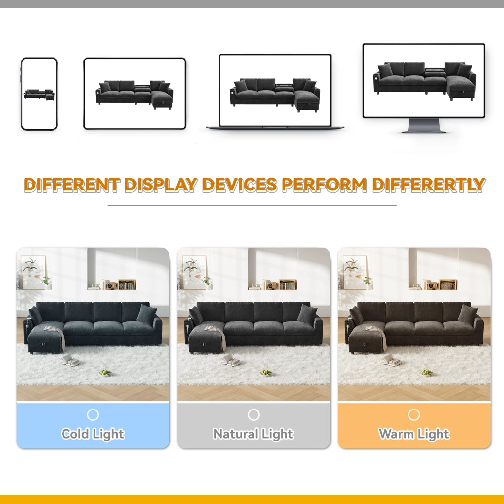 Divano angolare con funzione letto e chaise longue reversibile tavolino pieghevole porte USB e Type C contenitore braccioli chenille grigio