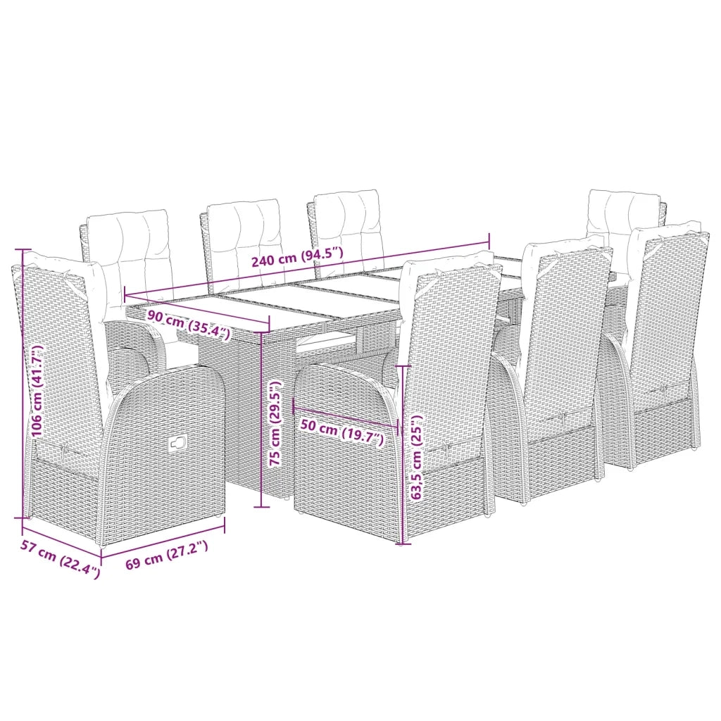 Set da Pranzo da Giardino 9 pz con Cuscini Nero in Polyrattan 3277638