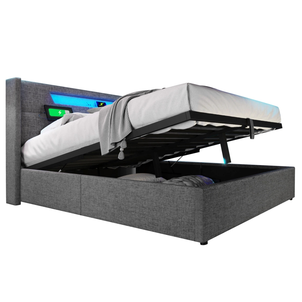 Letto matrimoniale contenitore 160x200 cm con LED; USB e Type-C in lino grigio HOMVRA
