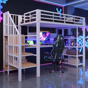 Letto a soppalco 90 x 200 cm con scrivania lunga e LED, metallo e legno, bianco
