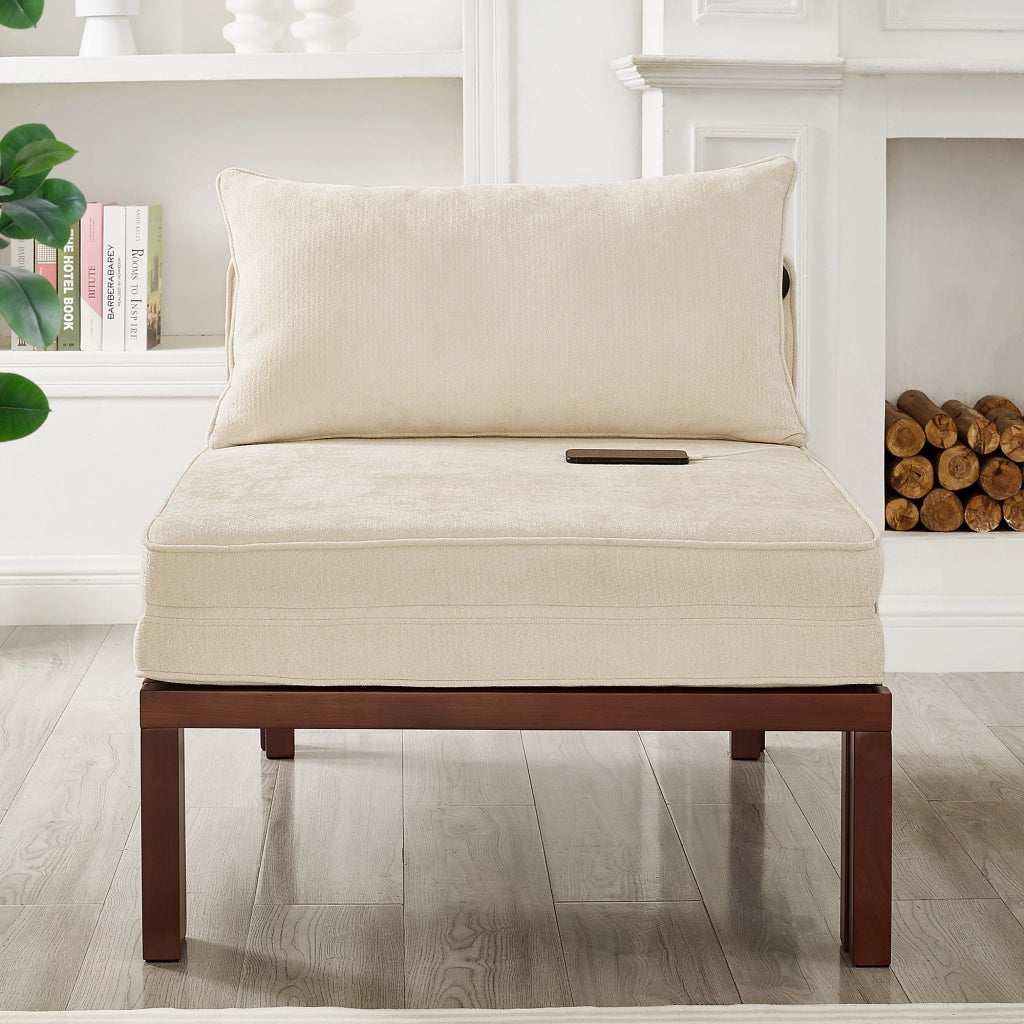 Poltrona letto singola pieghevole estensibile con porta USB Type-C telaio in legno rivestimento in velluto beige