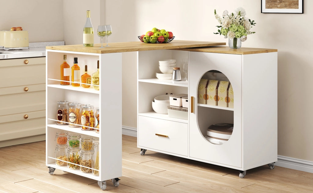 Isola da cucina mobile con piano girevole 360°, con spazio contenitivo, cassetto e ripiano regolabile, 120–180×60×90 cm, bianco e finitura naturale