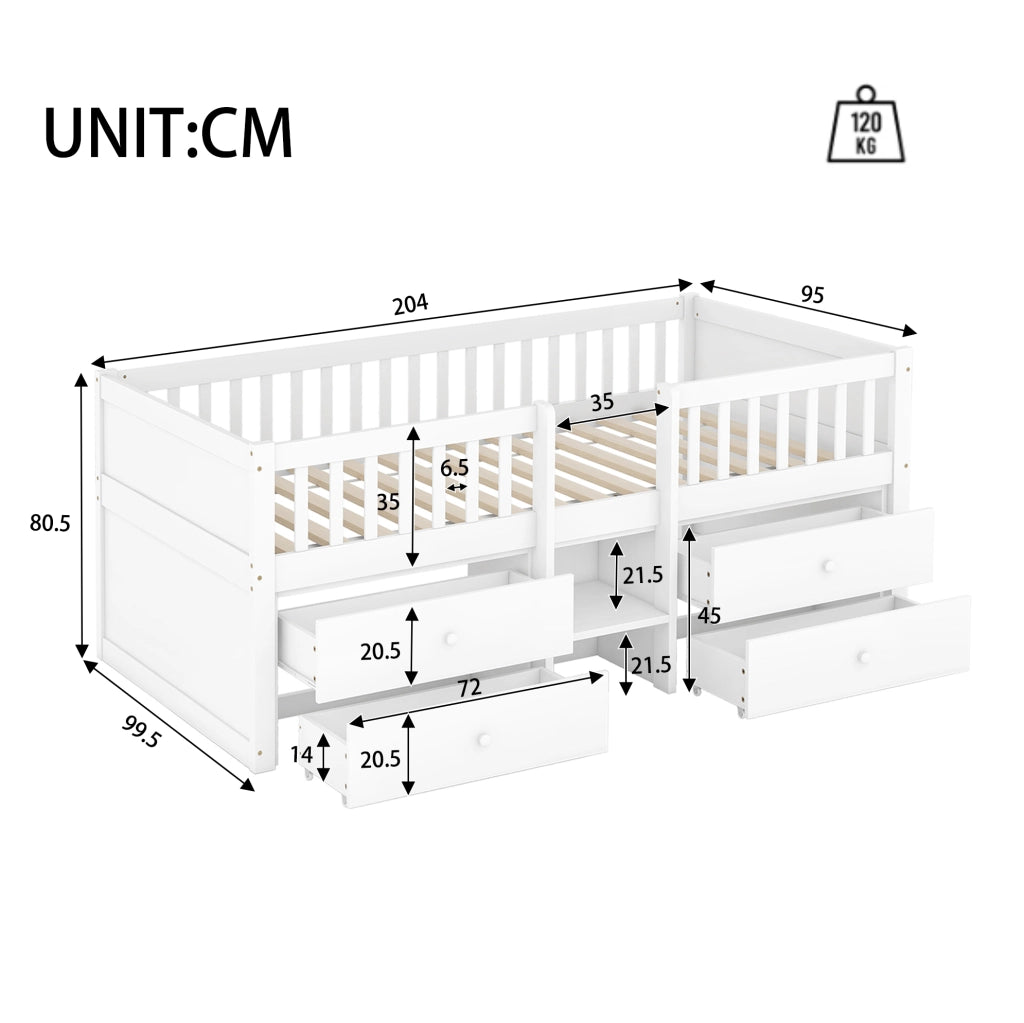 LETTO Semialto 90x200 cm con 4 cassetti scala e sponde in legno di pino bianco