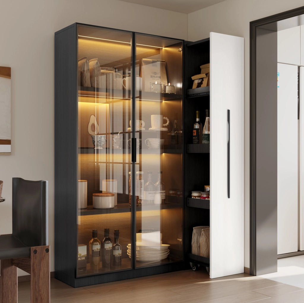 Mobile vetrina 110,5x35x160 cm con LED e modulo estraibile in MDF bianco e nero
