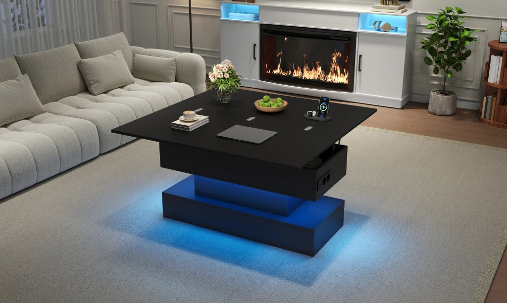Tavolino da Salotto Sollevabile Nero con Prese USB e LED 100x50x51.5cm