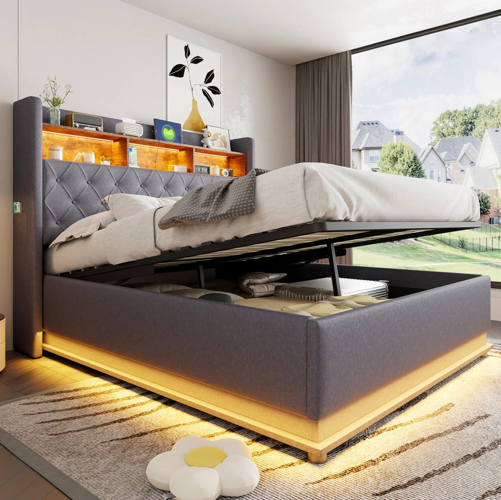 Letto imbottito LED con contenitore idraulico e porta USB 160x200 cm; grigio