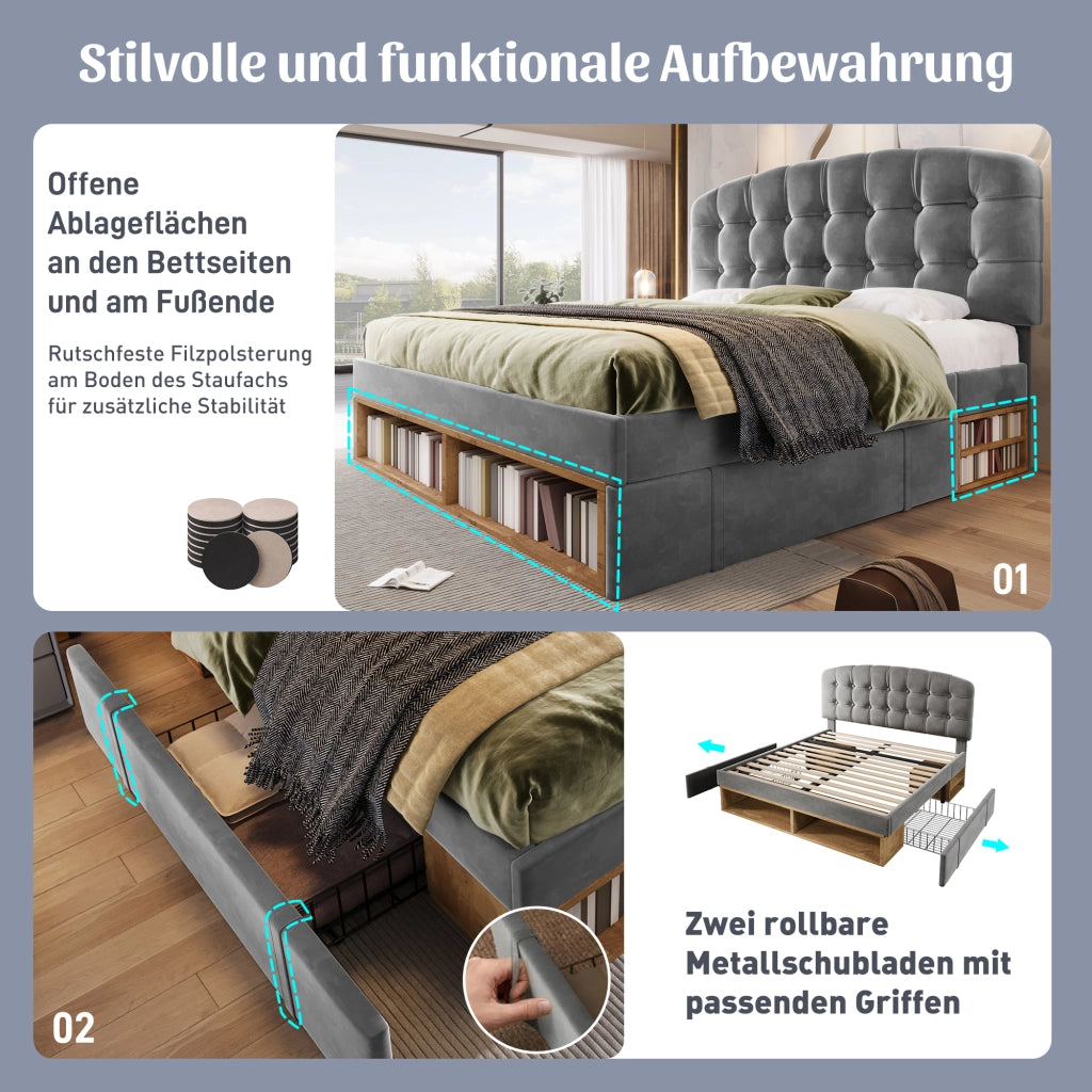 Letto matrimoniale 140 × 200 cm 2 posti con 2 cassetti e vani; senza materasso; in velluto grigio