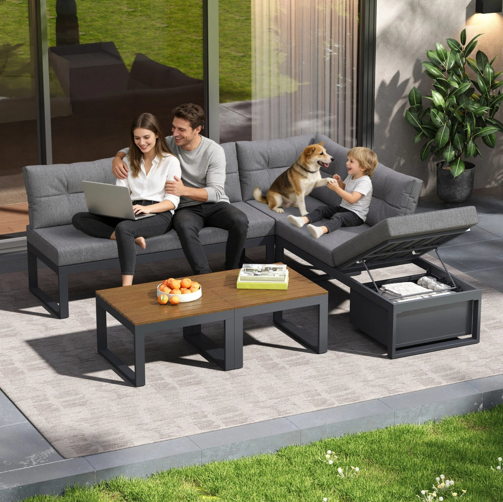 Set divani da giardino modulare 191;5x191;5 cm con contenitore e schienale regolabile; grigio
