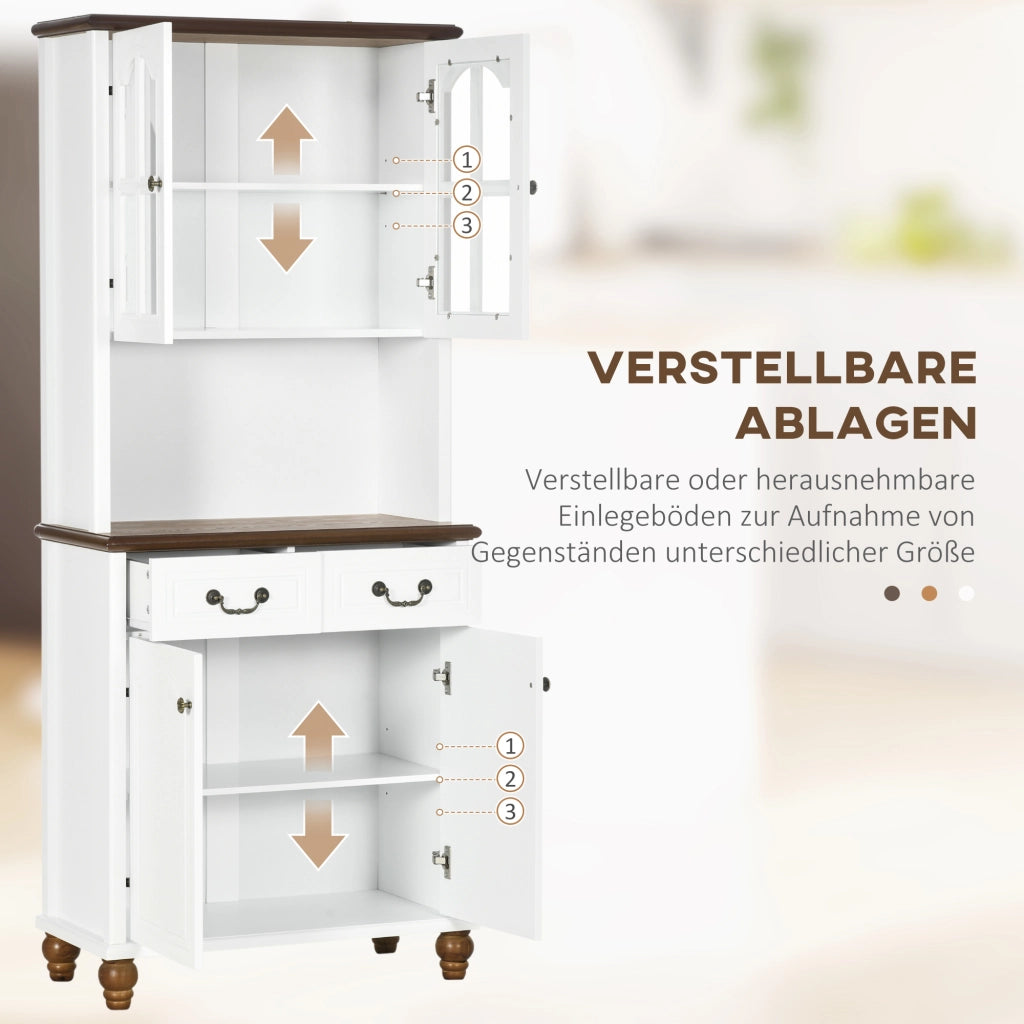 Cristalliera da cucina con 2 cassetti e vano aperto in MDF bianco con finestre in vetro 76 × 38 × 182 cm