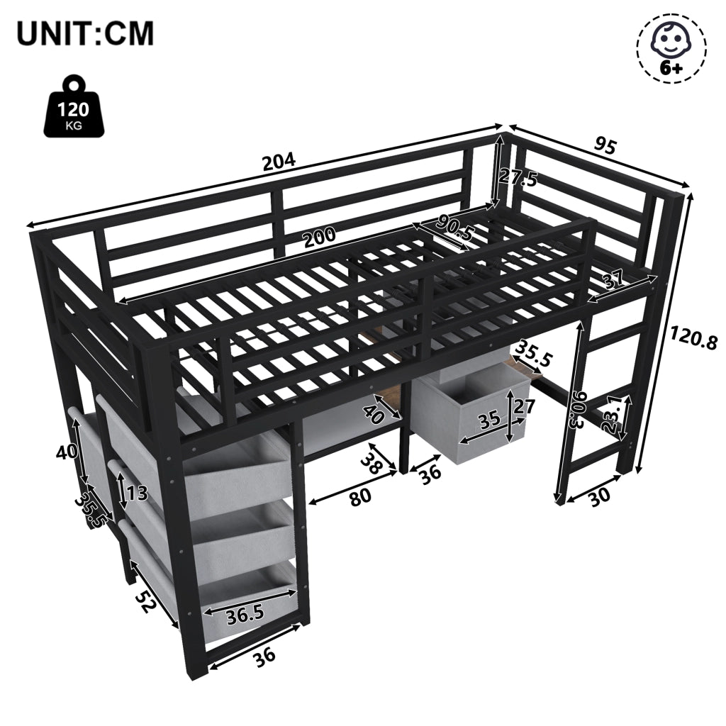 Letto semi-alto 90 × 200 cm con LED multicolore cassetto e tasche in tessuto struttura in metallo nero
