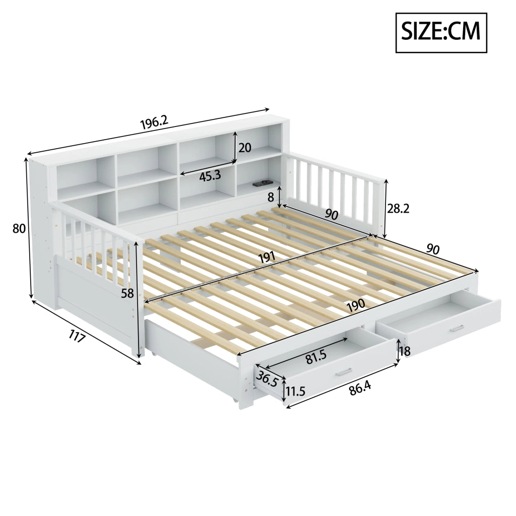 Letto estraibile multifunzione in legno bianco con due cassetti rete a doghe presa e ripiani integrati