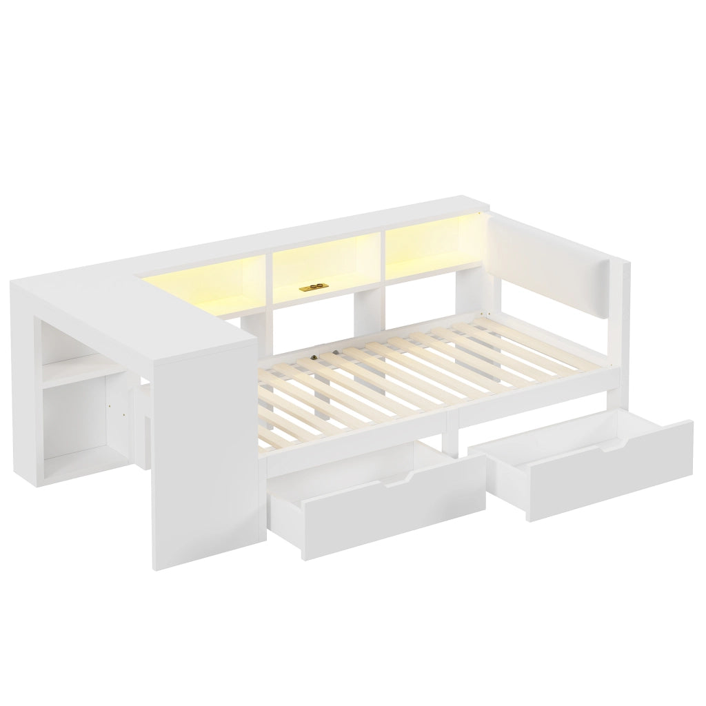 Letto Contenitore Imbottito 90x200 cm con Cassetti; LED; USB; Bianco