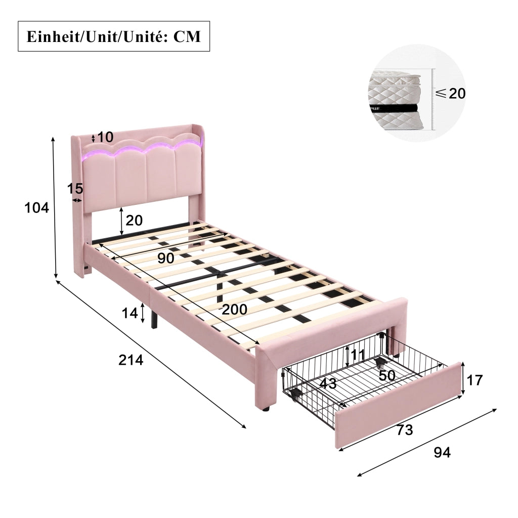 Letto singolo imbottito 90 x 200 cm in velluto rosa con cassetto; LED e testiera a onde