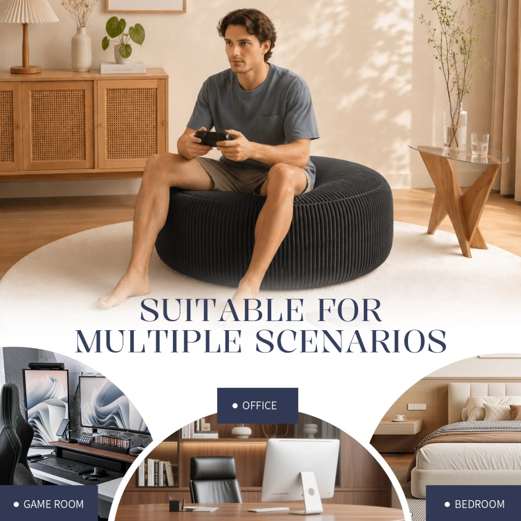 Pouf a sacco rotondo in velluto a coste nero con cubi di memory foam per soggiorno camera e ufficio