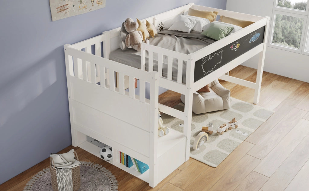 Letto a castello per bambini 90x200 cm in legno bianco con lavagna e protezione anticaduta, senza materasso
