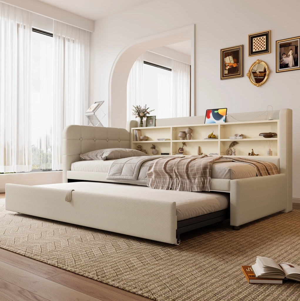 LETTO DIVANO ESTRAIBILE 90x200 cm Lino Beige USB + Tipo C