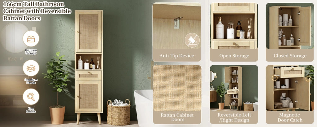 Colonna da bagno autoportante 166 cm con ante in rattan reversibili e cassetto, finitura legno naturale, 40×30×166 cm