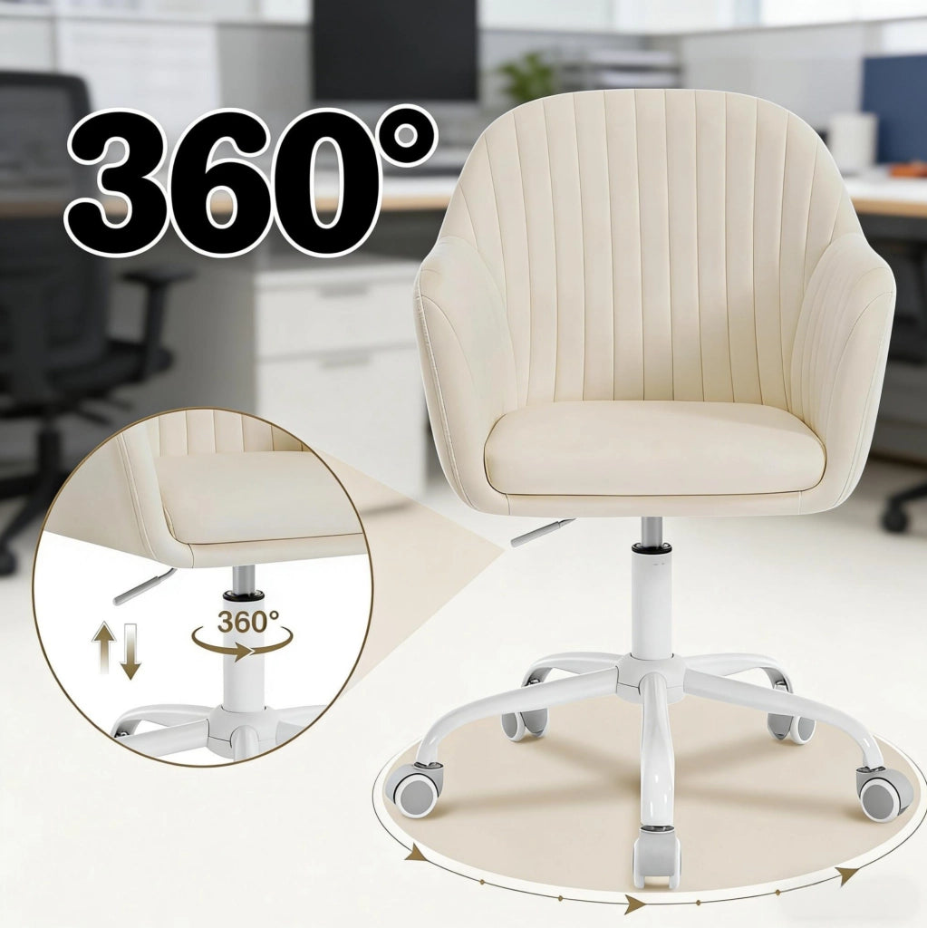 Sedia da ufficio ergonomica in velluto crema con ruote e altezza regolabile