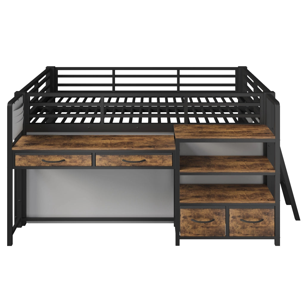 Letto a soppalco 140x200 con scrivania; scaffali; cassetti in tessuto e LED; struttura in metallo nero per cameretta