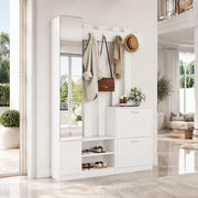 Set da ingresso con specchio; 2 scarpiere a ribalta e 5 ganci; 135 ¡Á 25 ¡Á 180 cm; bianco
