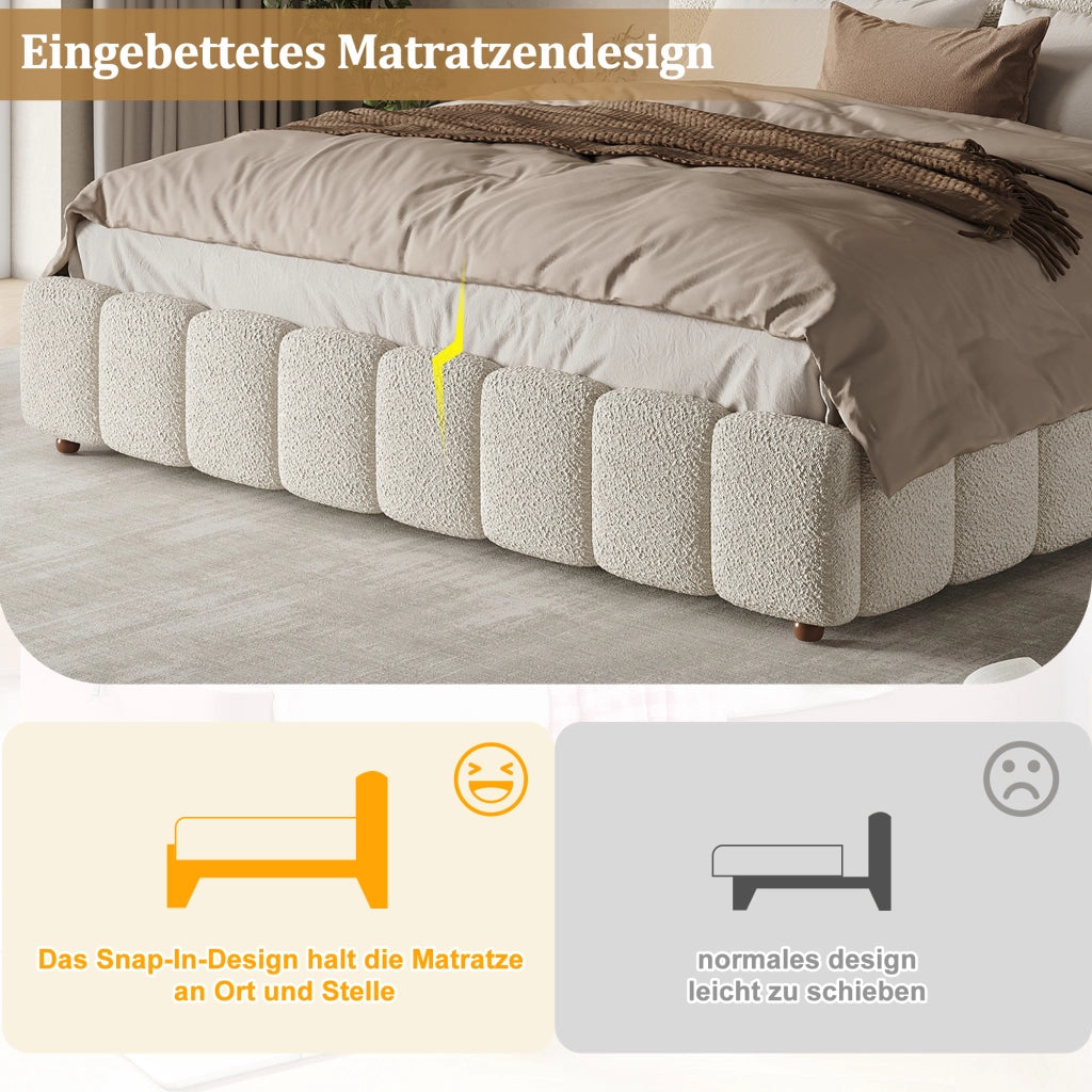 Letto matrimoniale imbottito 180 ¡Á 200 cm con rete a doghe testiera in boucl¨¦ bianco gambe in legno