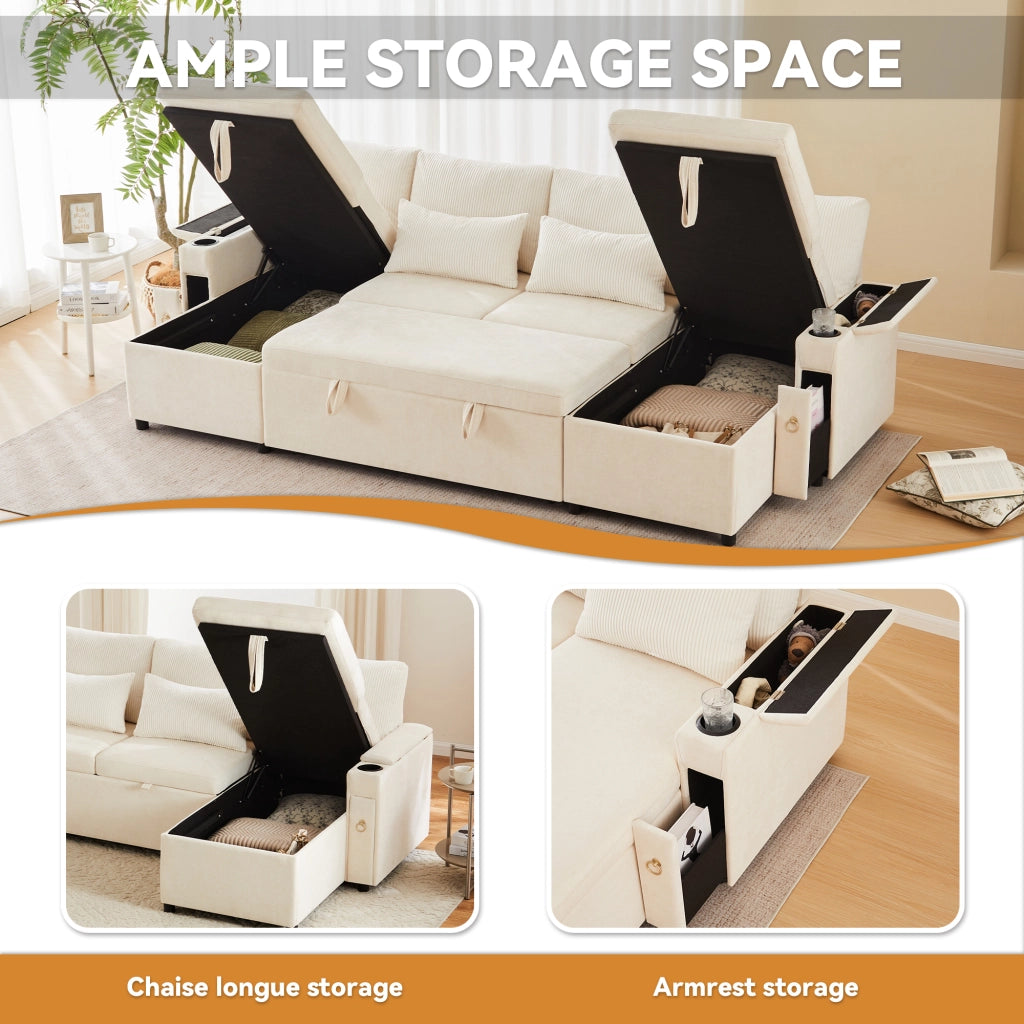 Divano ad angolo convertibile 4 sedili 272 x 131 x 84 cm; U - shape; dormire; tronco; portabicchieri; cuscini; ciniglia; beige