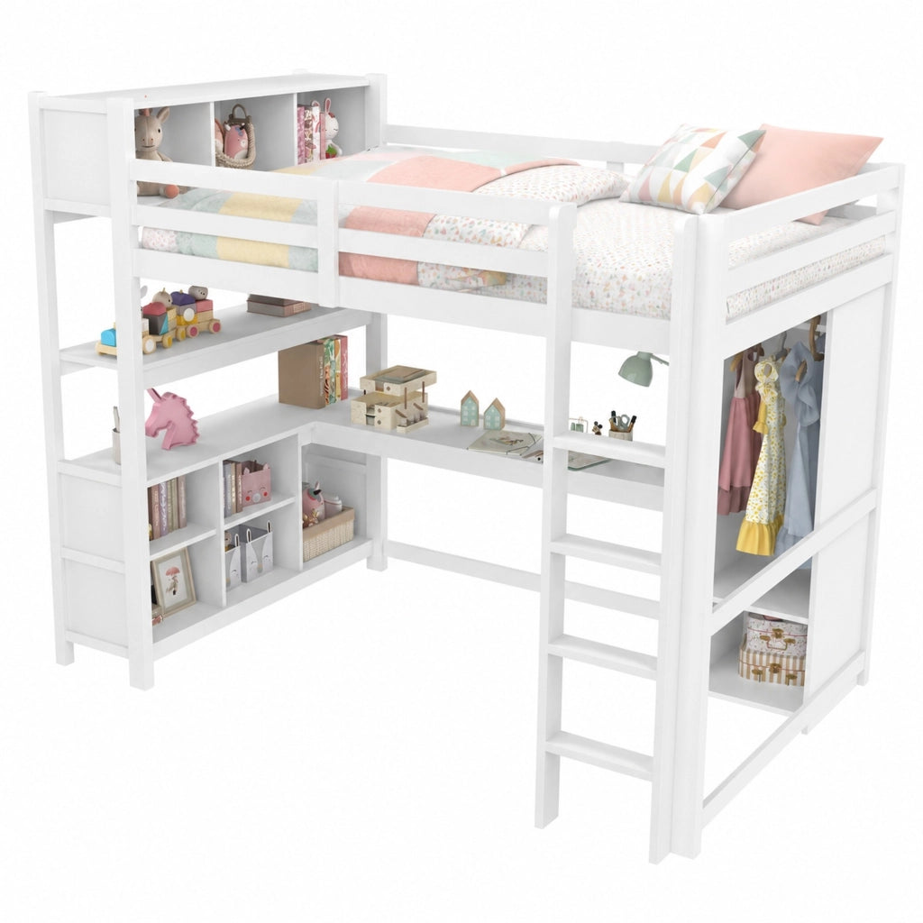 Letto a soppalco 140x200 cm bianco in pino con scrivania e contenitori