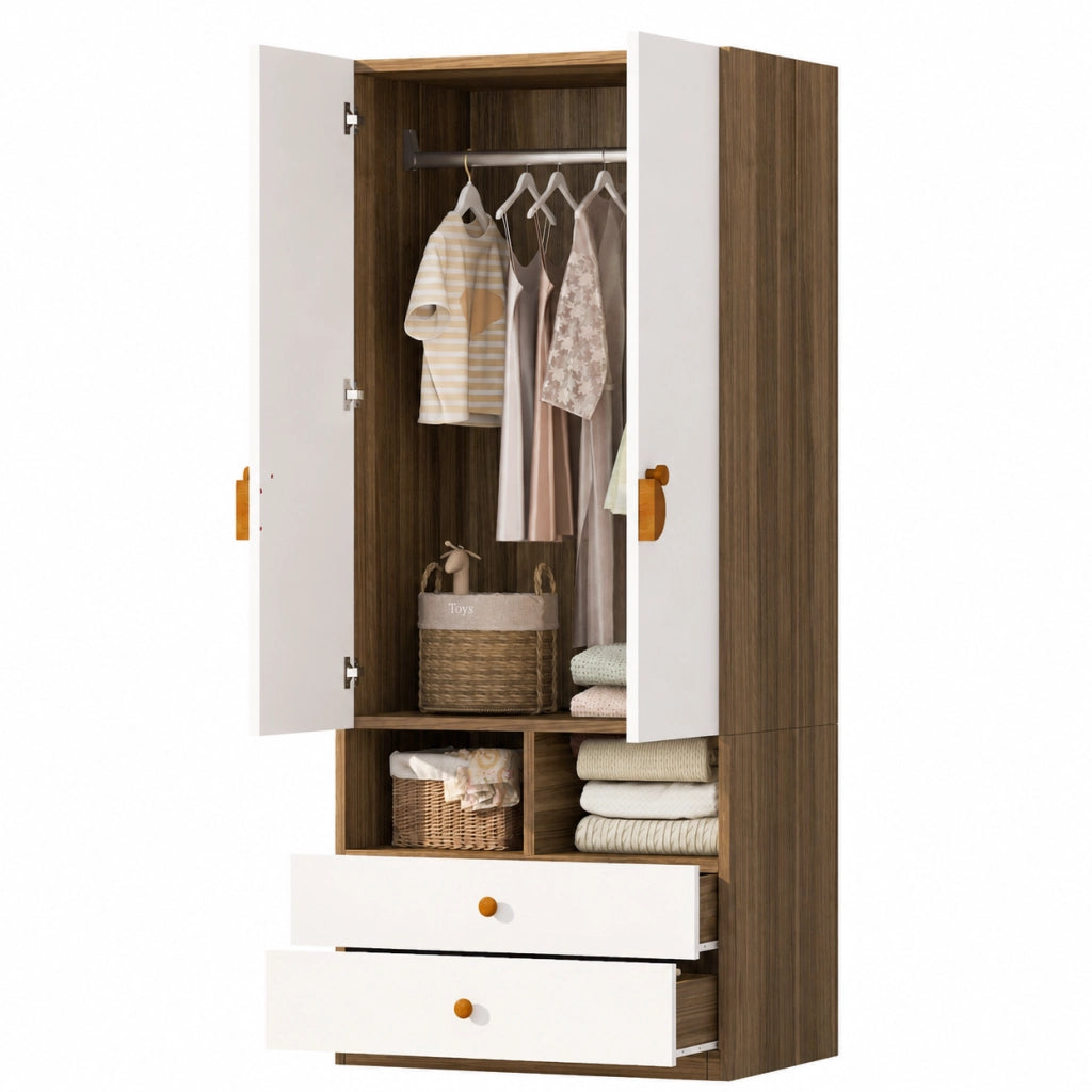 Armadio Singolo 70x50x170 cm con 2 Cassetti, Maniglie Cartoon e Piccole Mensole, Colore Legno