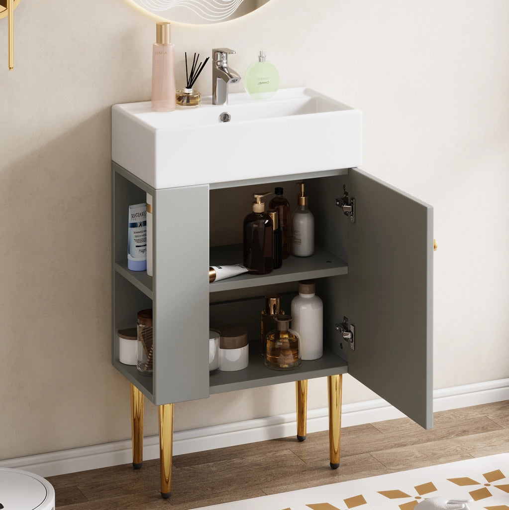 Mobile bagno compatto con lavabo in ceramica lucida e mobile sottolavabo grigio chiaro 55 cm