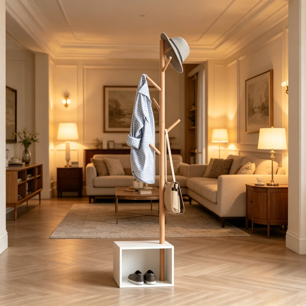 Mobile da ingresso appendiabiti con 6 ganci e vano contenitore, bianco e bambù, in MDF e legno, 40 × 30 × 180 cm