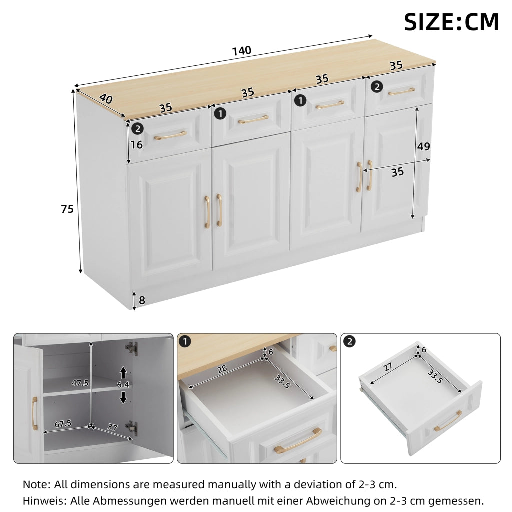 Credenza con 4 ante e 4 cassetti ripiani regolabili in pannello truciolare bianco e rovere 140 × 40 × 75 cm