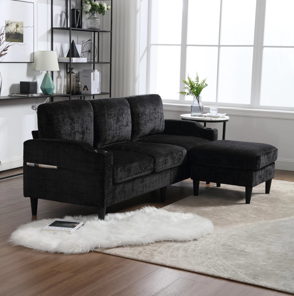 Divano modulare 4 posti con pouf contenitore; portabevande e tasche in ciniglia nero
