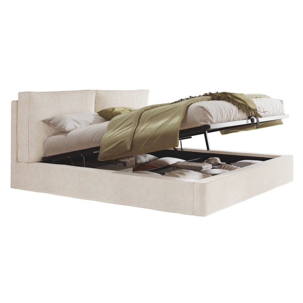 Letto 180x200 cm con contenitore idraulico e rete a doghe, rivestito in velluto a coste beige