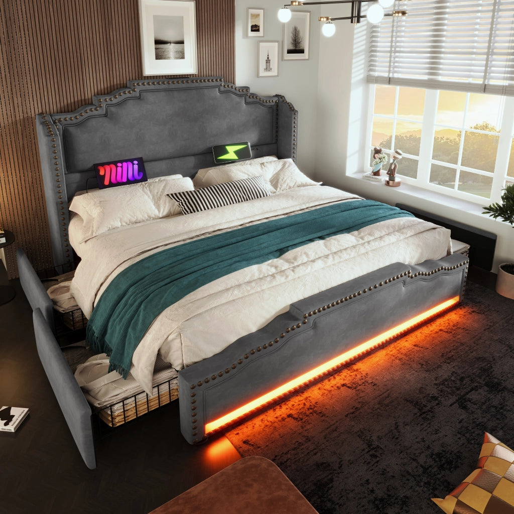Letto contenitore 140x200 grigio con luci LED