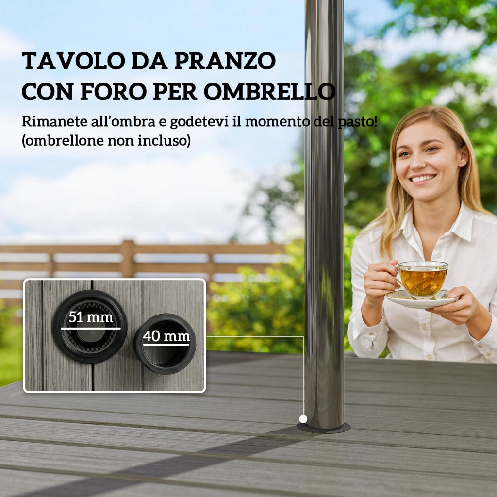 Set da Giardino 5 pz in Acciaio con 4 Sedie Impilabili e Tavolo con Foro Centrale e Ripiano Inferiore, Grigio