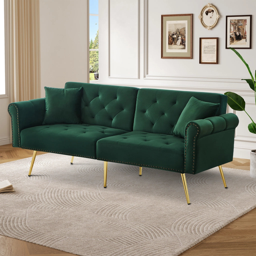 Divano letto 2 posti 173 x 75 x 70 cm con schienali regolabili; velluto; verde antico